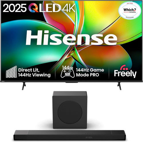Hisense TV & Soundbar Bundle: 85E78QTUK PRO QLED TV plus the AX3120Q Soundbar – vibrant 4K with high-impact 3.1.2 channel audio.